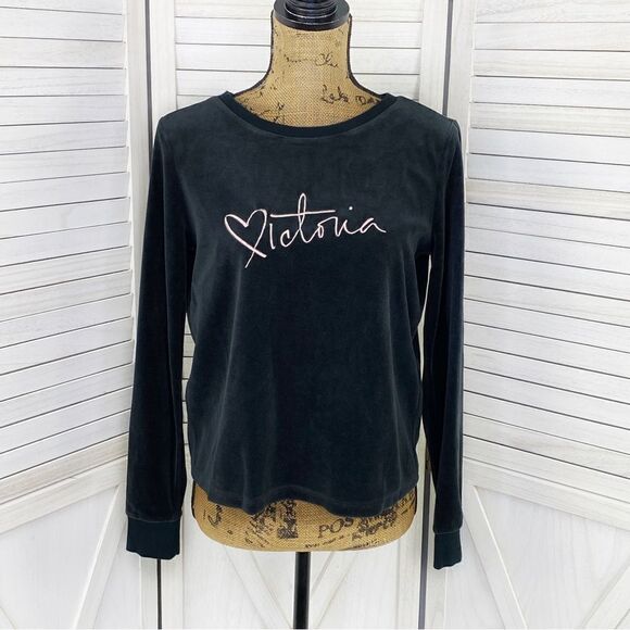 Victoria’s Secret Velour Embroidered Open Split Back Shirt Black Small - Picture 1 of 13